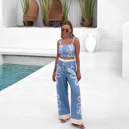 Women's Summer Fashion Flower Sling Wide Leg Suits