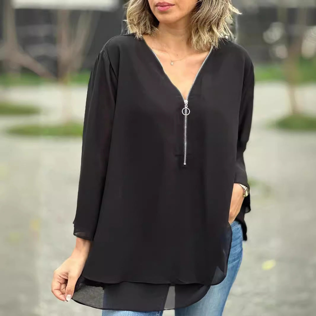 Sleeves Casual Chiffon Metal Zipper Loose Tops
