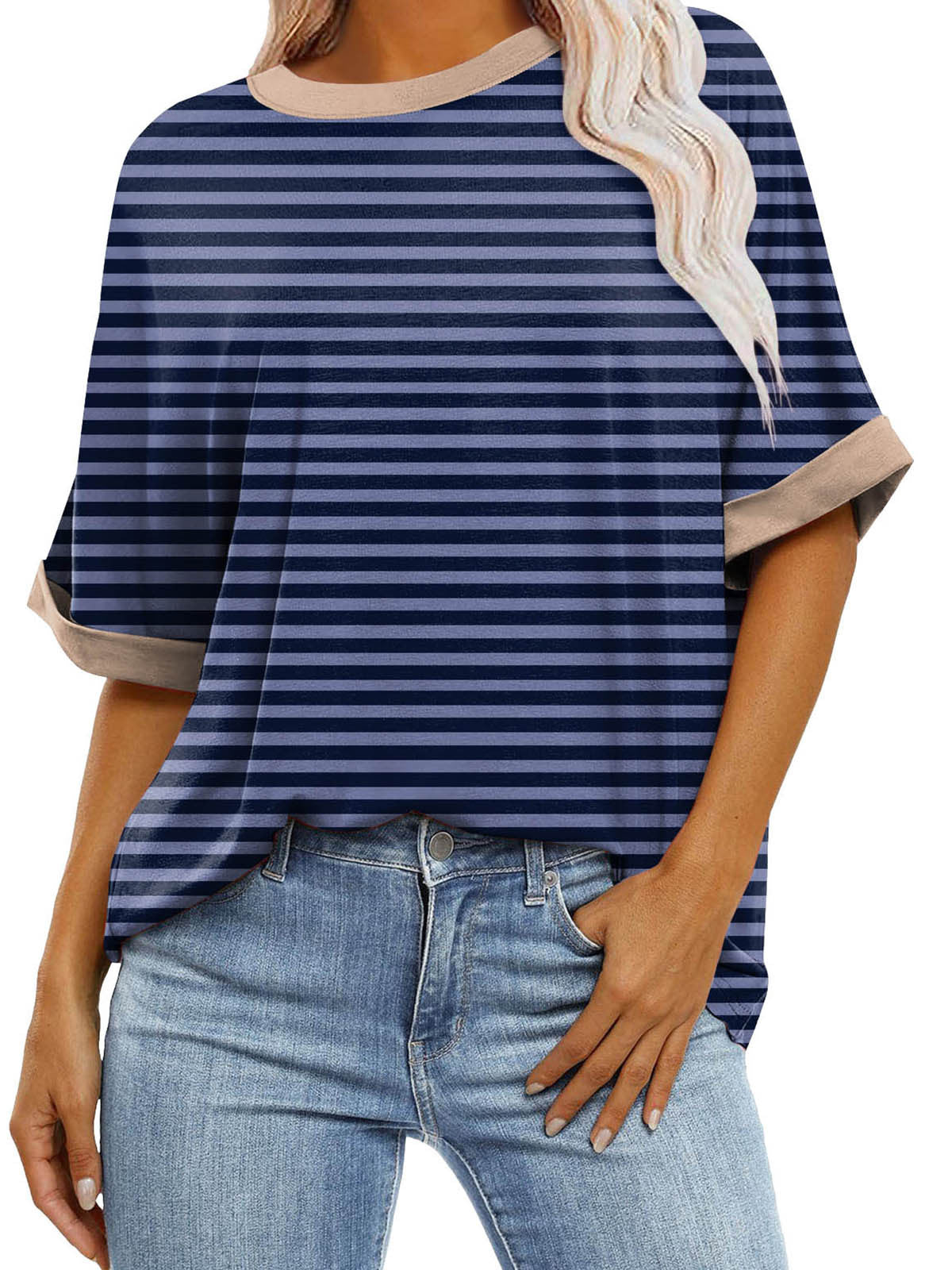 Women's Gradient Color Sleeve Casual Round Neck Blouses