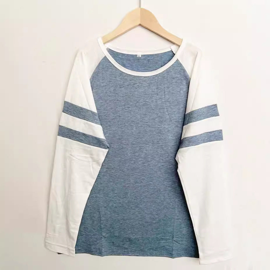 Striped Stitching Long Sleeve T-shirt Round Blouses
