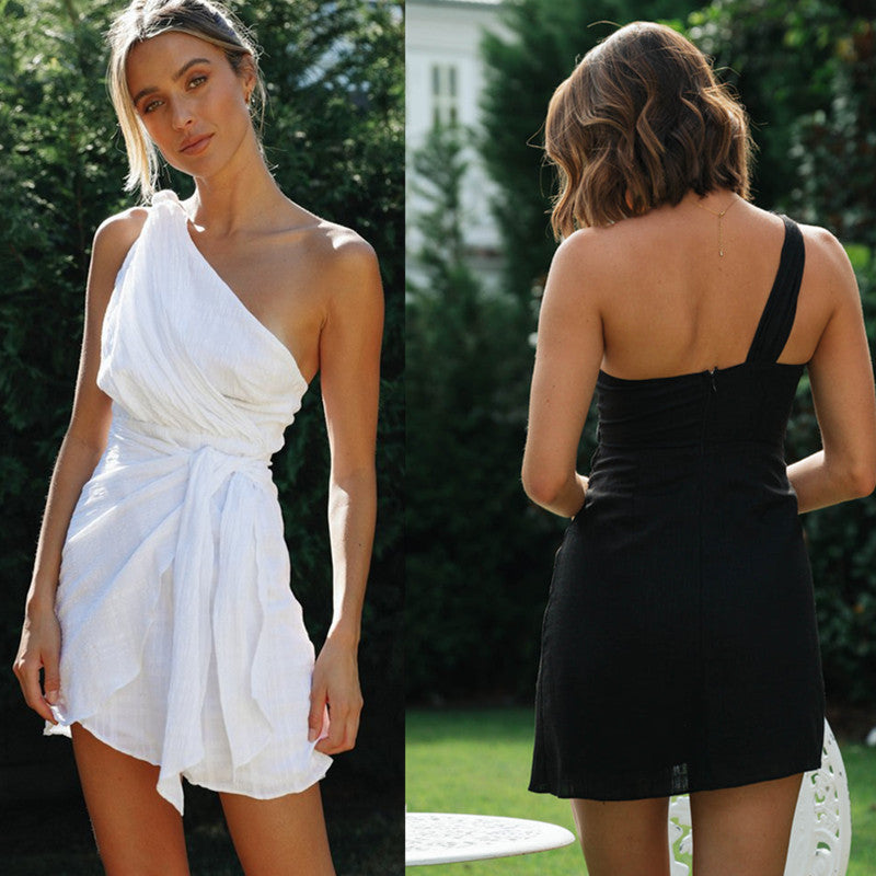 Women's Color Slant Shoulder Belt Irregular Hem Dresses