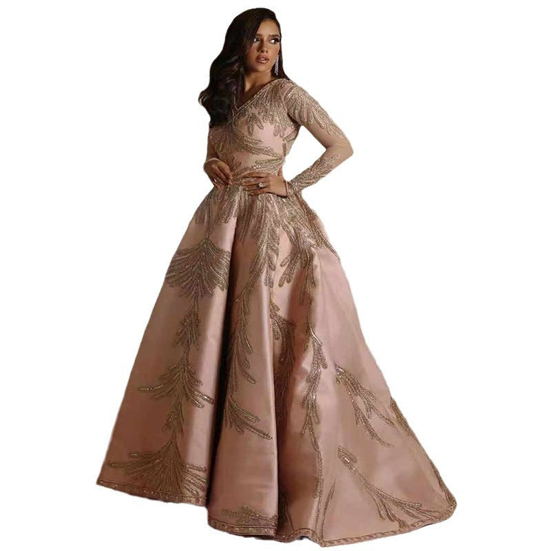 Women's Spring Glossy Silk Bronzing Long Sleeve Dress Wedding Dresses