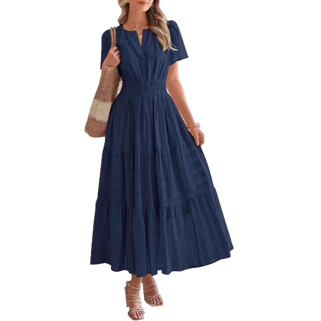 Women's Fashion Pleated Puff Sleeve Swing Dress Dresses