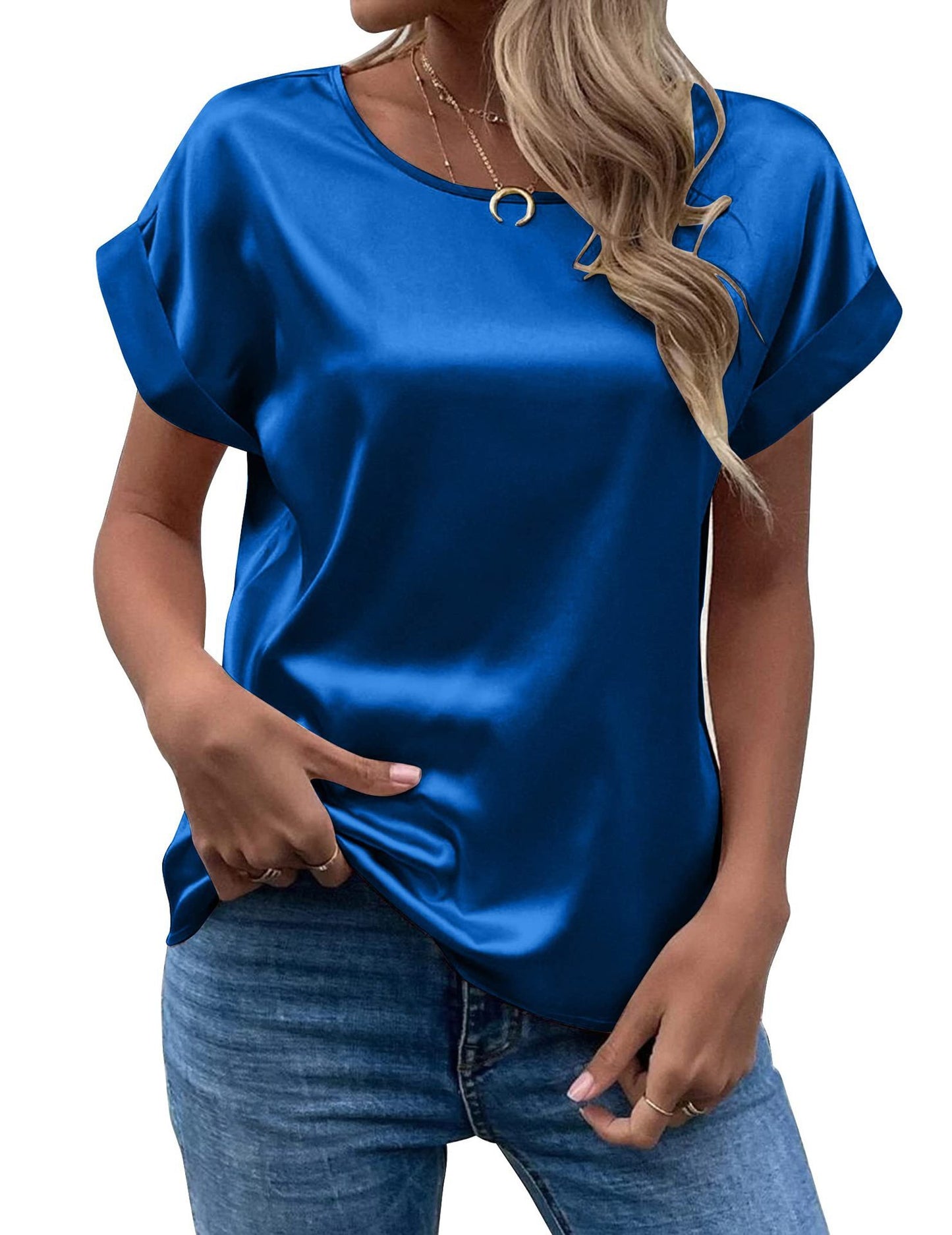Women's Summer Elegant Satin Pullover Round Neck Blouses