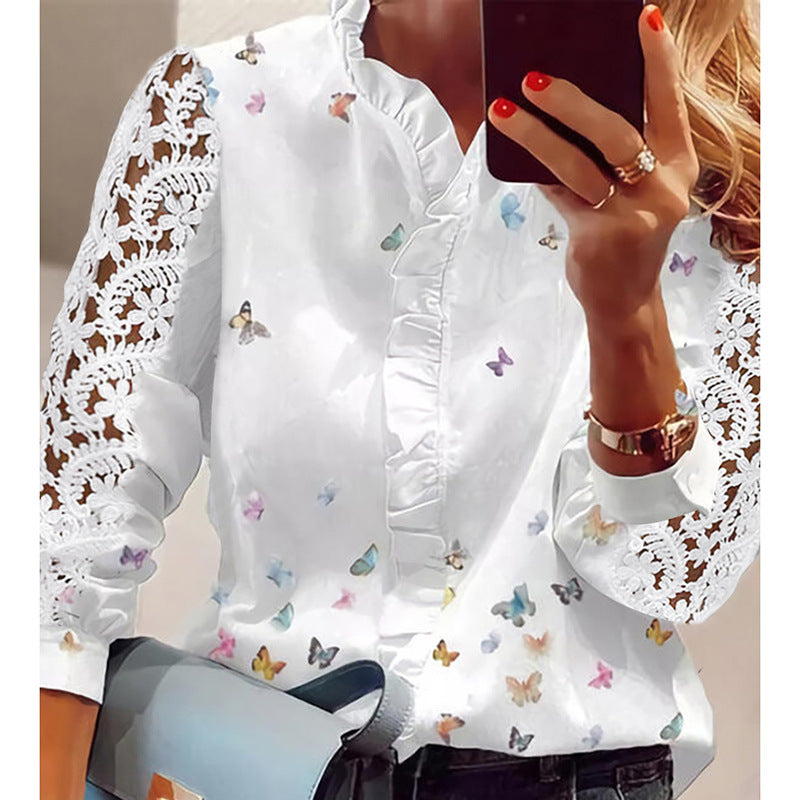 Women's Spring Long Sleeve Solid Color Lace Blouses