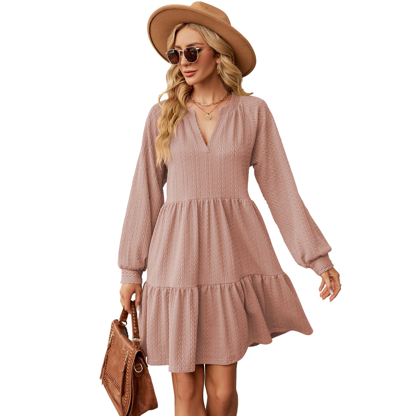 Solid Color Loose Pleated Stitching Long Dress