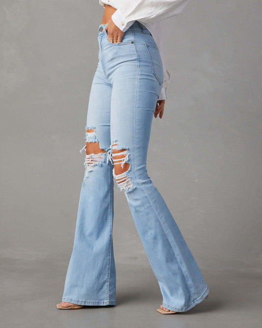 Women's High Waist Ripped Street Hot Bell-bottom Pants
