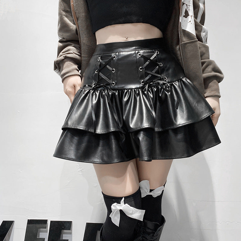 Dark Style Cross Slimming Leather Stitching Skirts