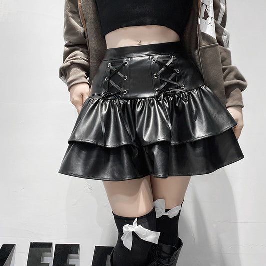Dark Style Cross Slimming Leather Stitching Skirts