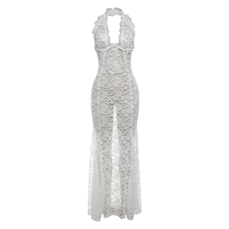 Women's Summer Temperament Lace Halter Long Dress Sexy Dresses