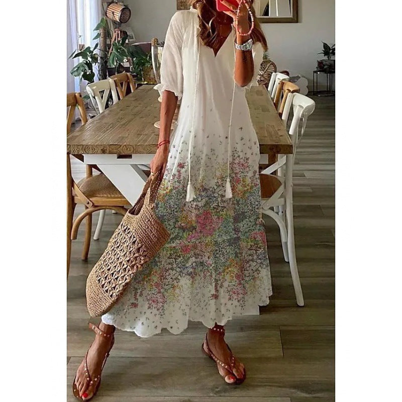 Casual Sweet Loose Printed Tassel Long Dresses