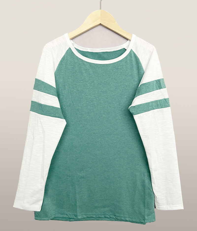 Striped Stitching Long Sleeve T-shirt Round Blouses