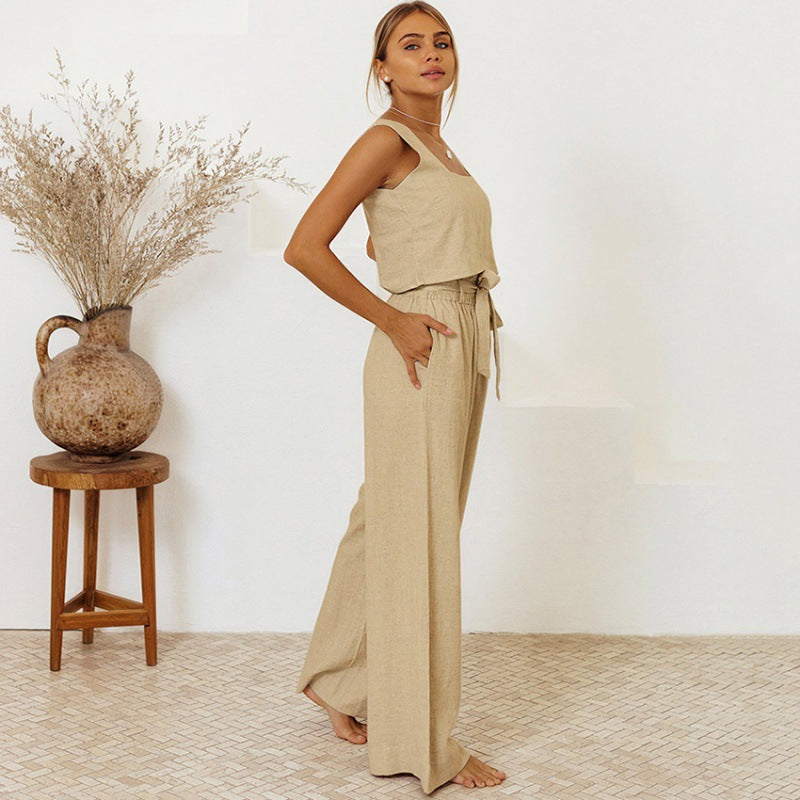 Women's Cotton Linen Sleeveless Trousers Loose Outfit Suits