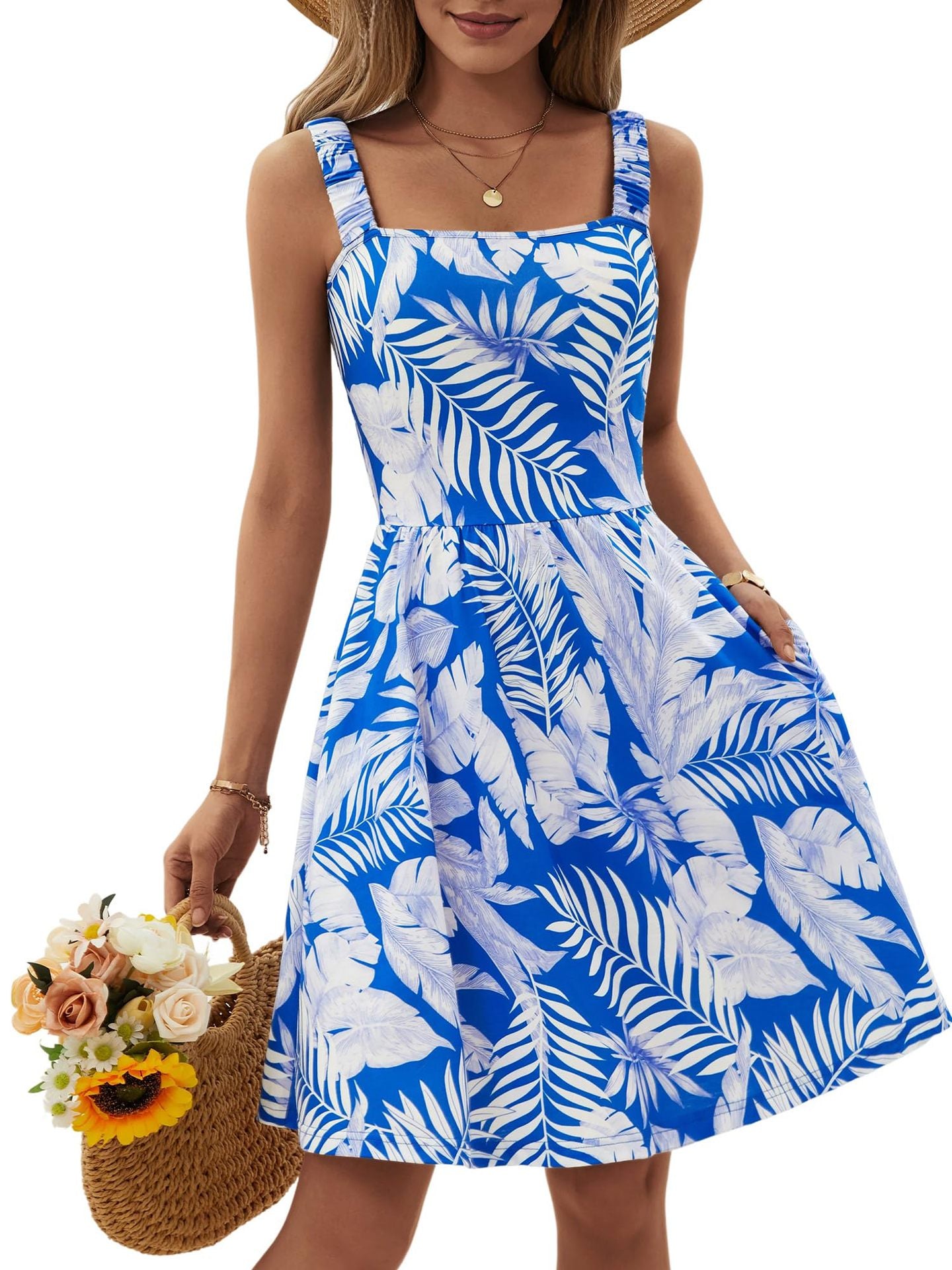 Women's Square Collar Pleated Sleeveless Floral Print Dresses
