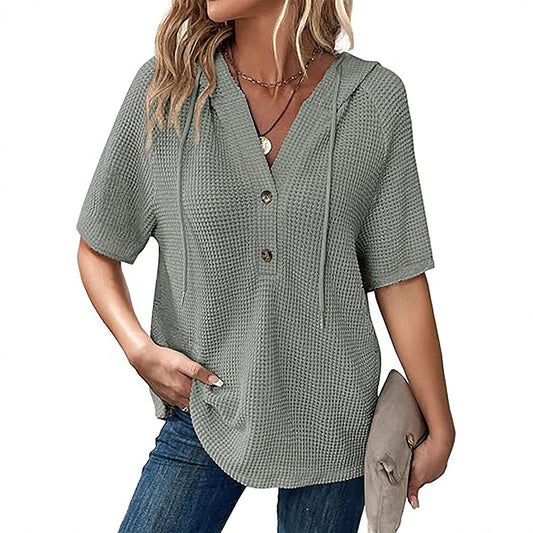 Women's Summer Waffle Knitted Short-sleeved Shirt Lightweight Drawstring Blouses