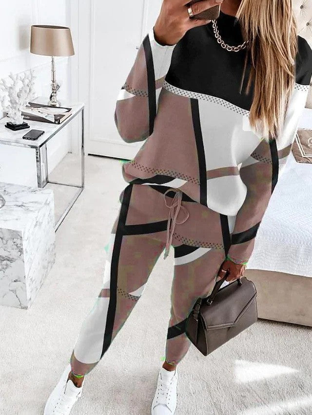 Women's Printing Color Contrast Long Sleeve Crew Suits