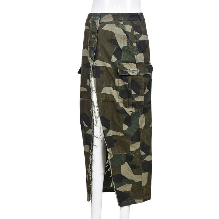 Women's Camouflage Elastic Waist Personalized Wash Pocket Skirts