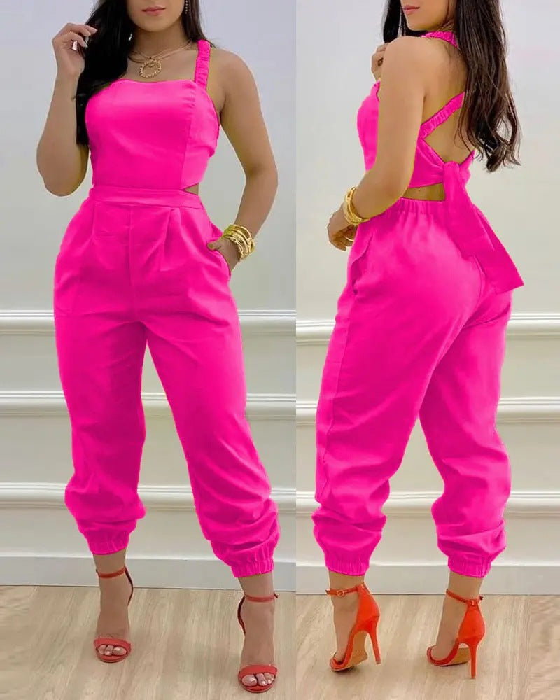 Women's Sling Backless Bow Printed High Waist Jumpsuits