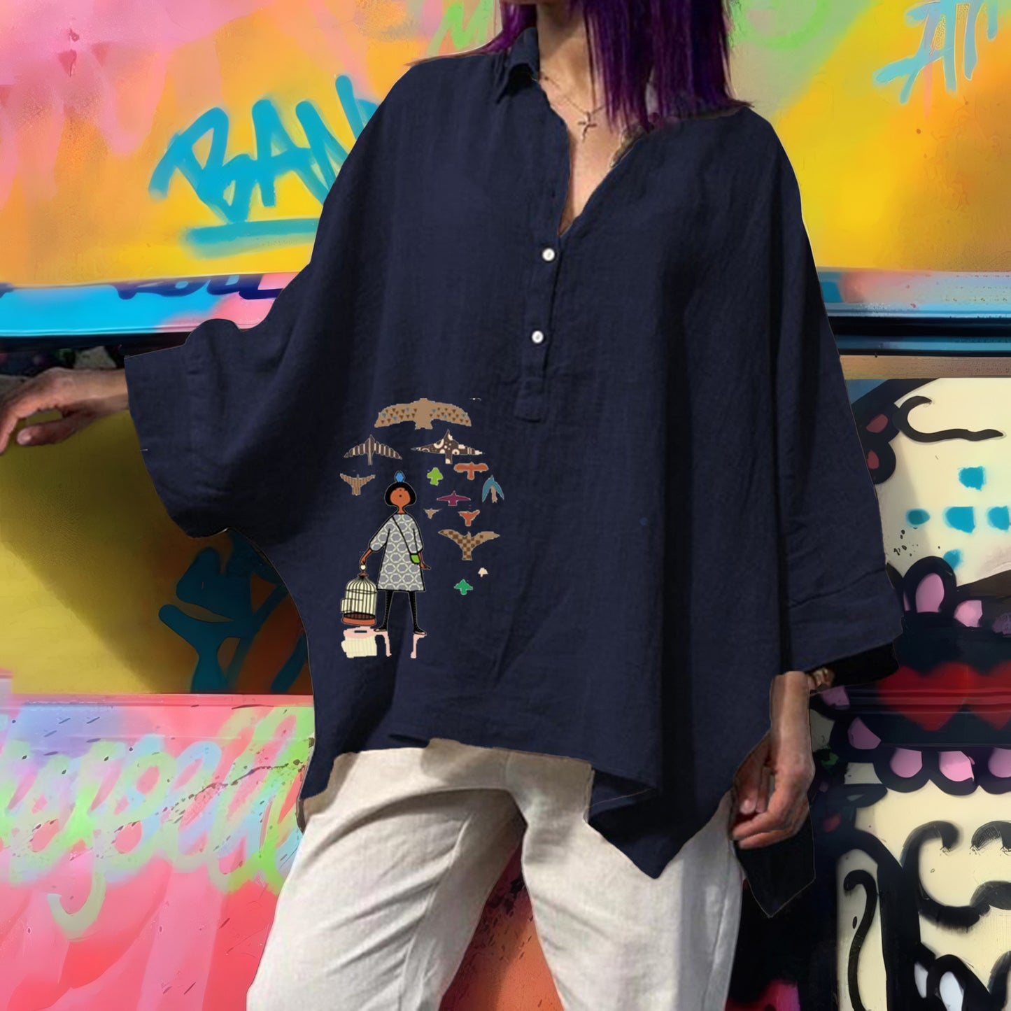 Women's Batwing Loose Cotton Linen Casual Blouses