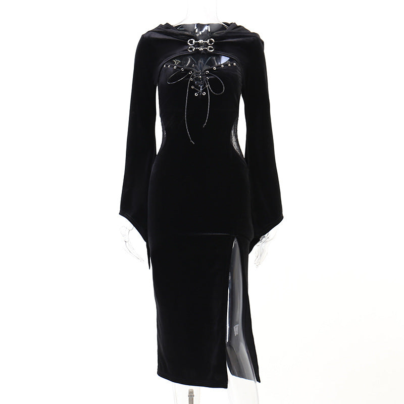 Women's Solid Color Splicing Sling Long Sleeve Dresses