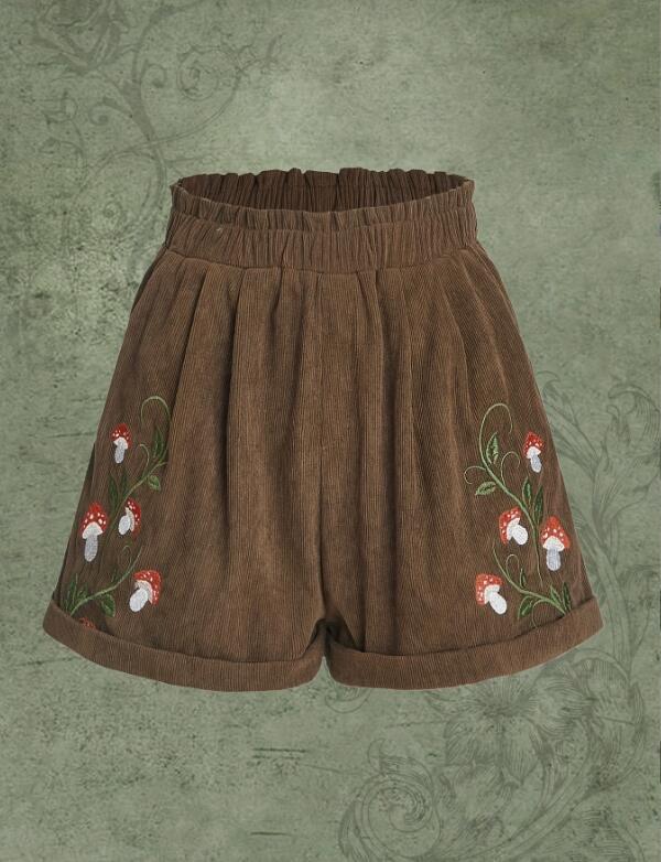 Corduroy Mushroom Embroidered Elastic Waist Casual Shorts
