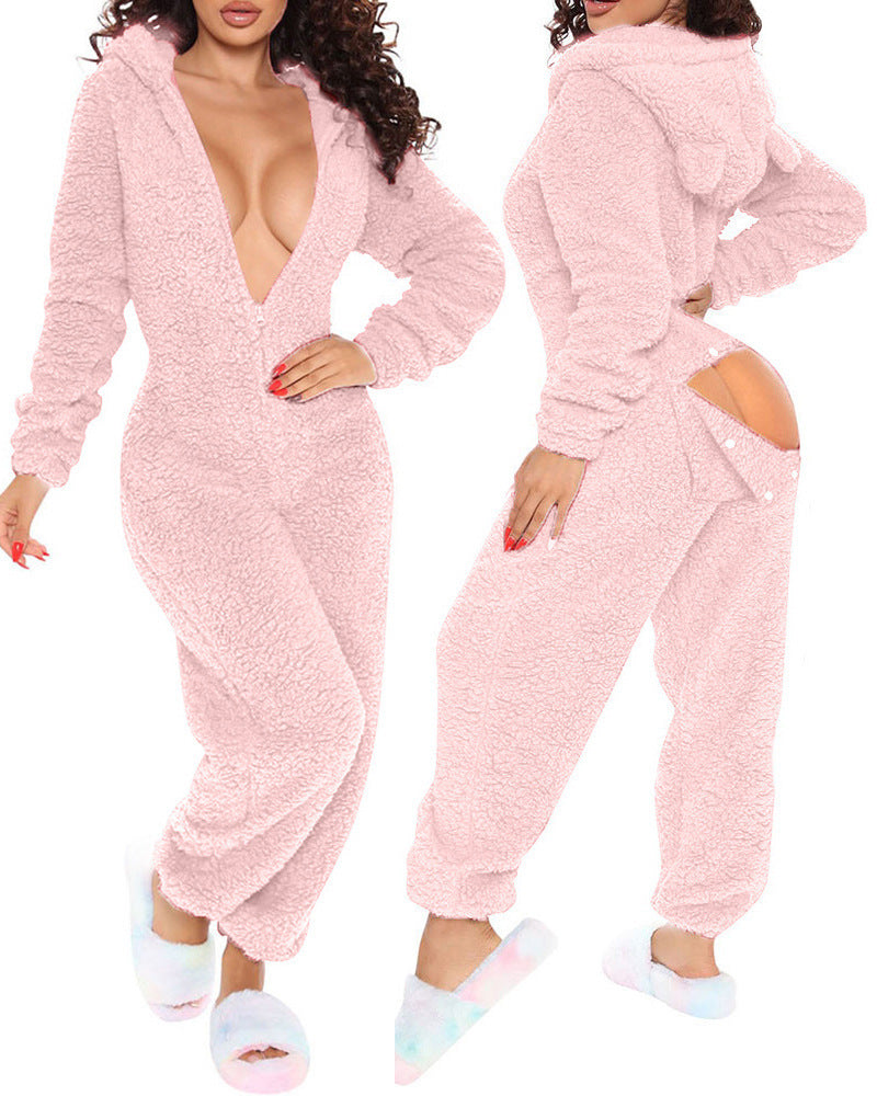 Women's One-piece Sexy Opening Long-sleeved Hooded Cute Jumpsuits