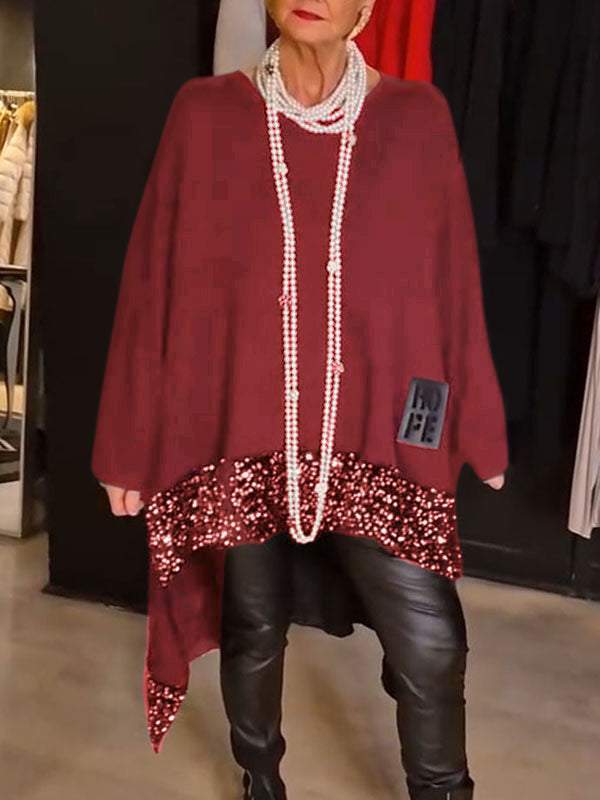 Irregular Hem Sequin Stitching Round Neck Blouses
