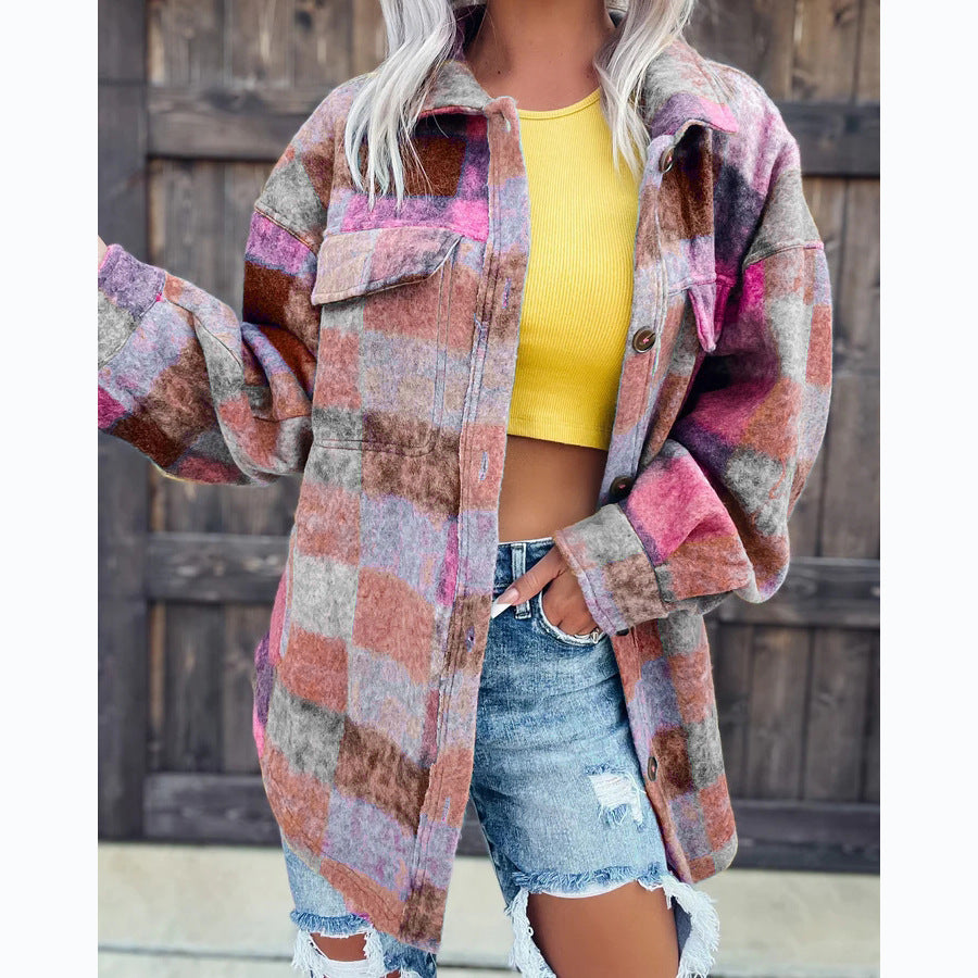 Woolen Printed Casual Fashion Polo Collar Coats