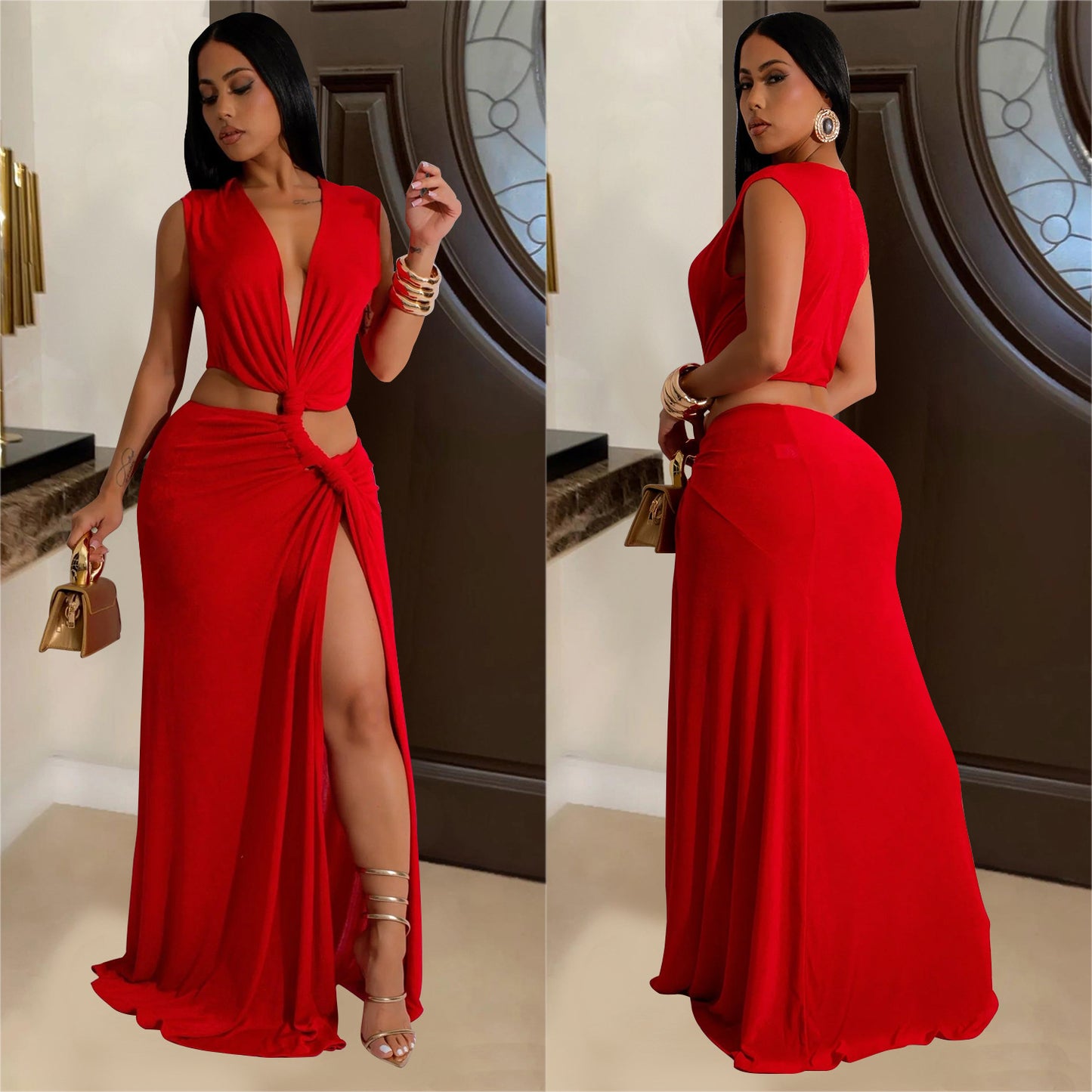Women's Fashion Wear Sleeveless Deep V Split Dresses