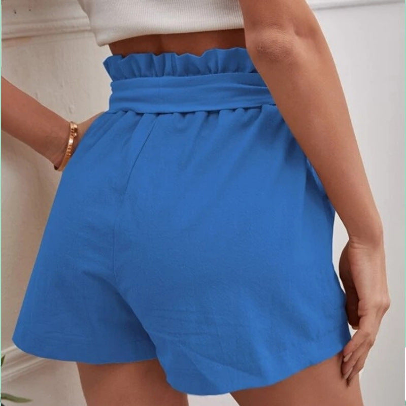 Women's Linen Leisure Pocket Solid Color Waist Shorts