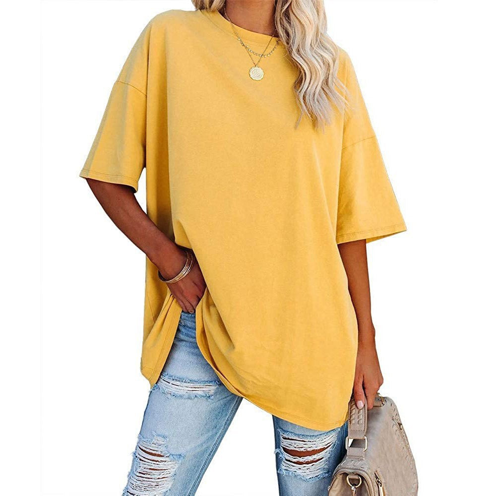 Women's Color Loose Half Sleeve Round Neck Blouses