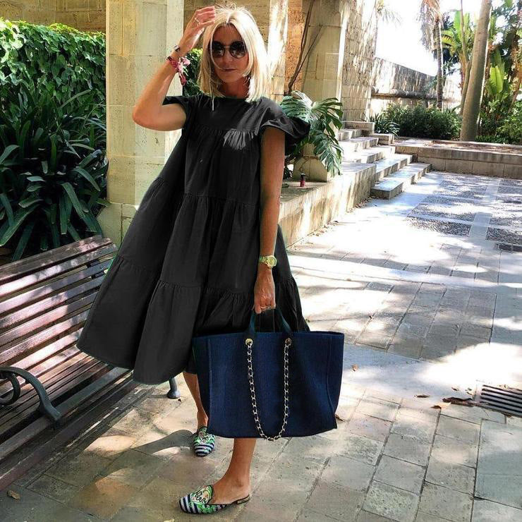 Women's Loose Pleated Short-sleeved Dress Solid Color Dresses