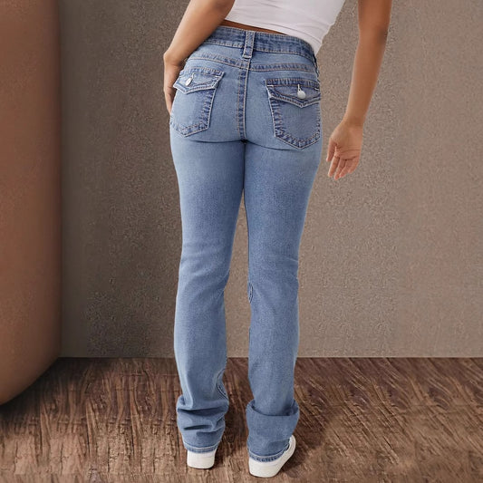 Women's Spring Double Button Straight Elegant Trousers Jeans