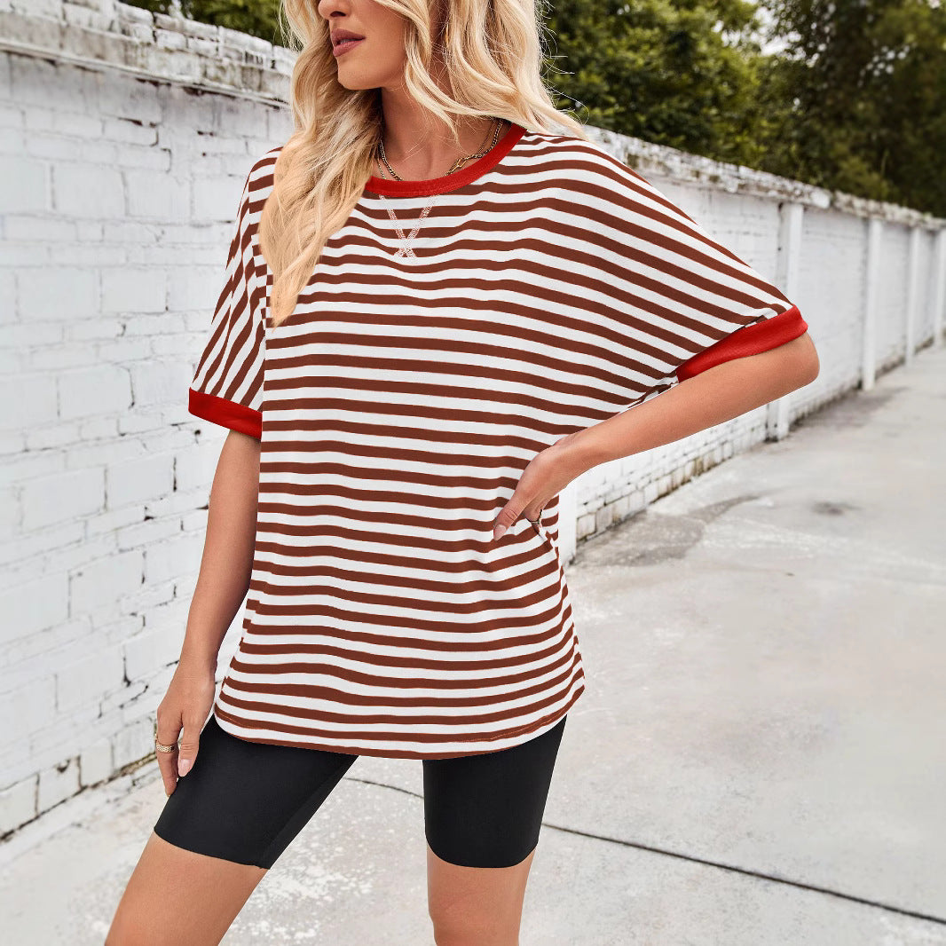 Women's Summer Casual Striped Crew Neck Trendy Blouses