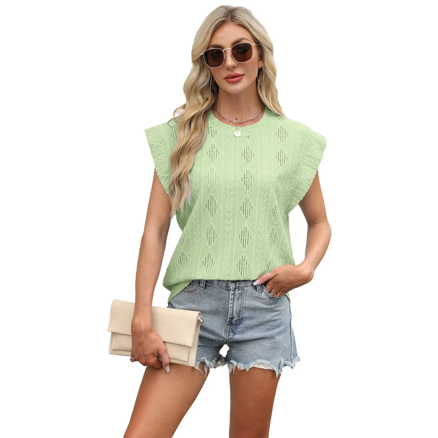 Women's Round Neck Loose Sleeves T-shirt Jacquard Blouses