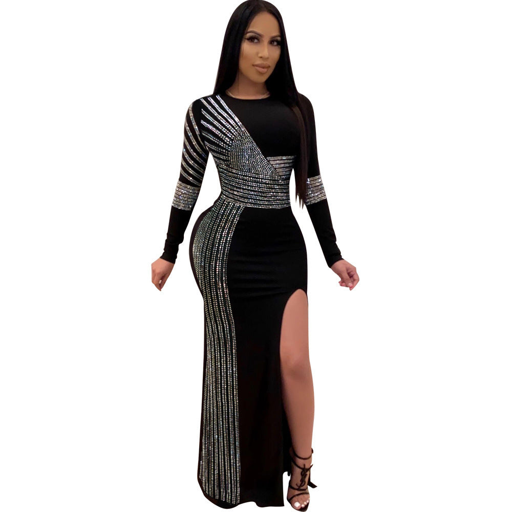Sexy Rhinestone Crew Neck Split Long Uniform