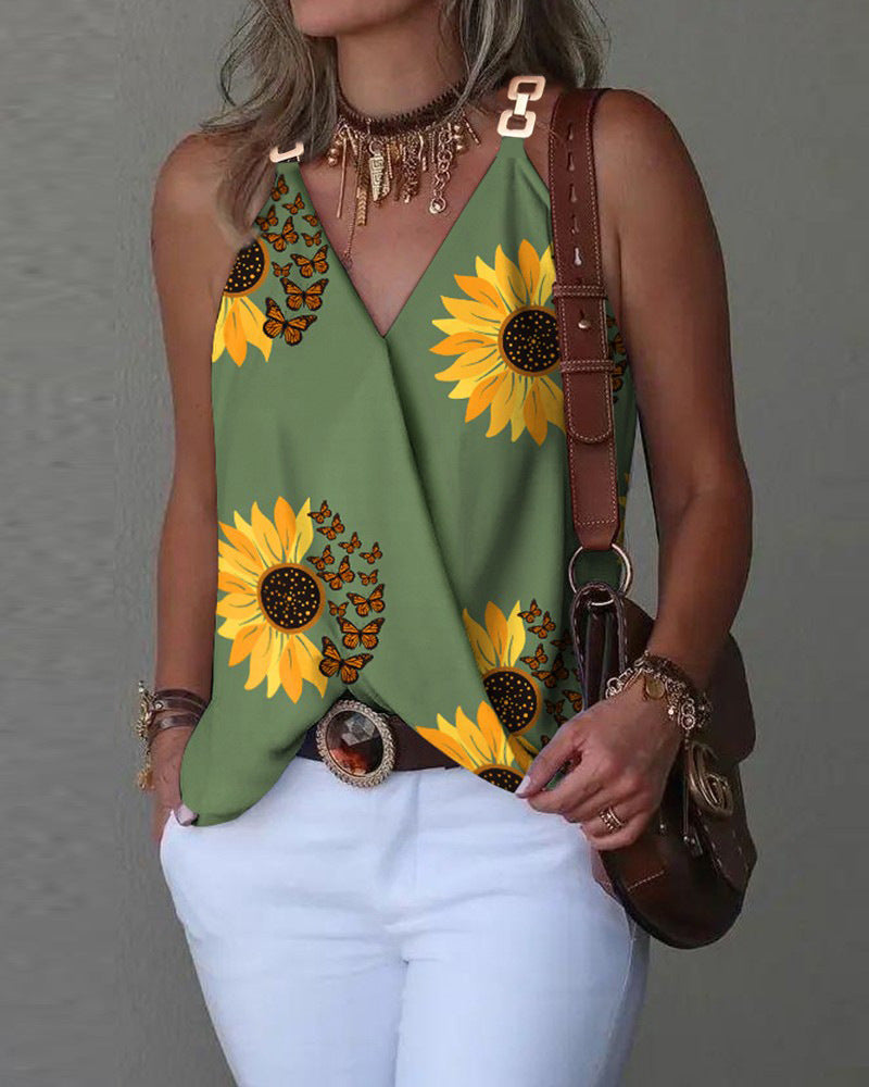 Women's Summer Simple Metal Buckle Printing Small Tops