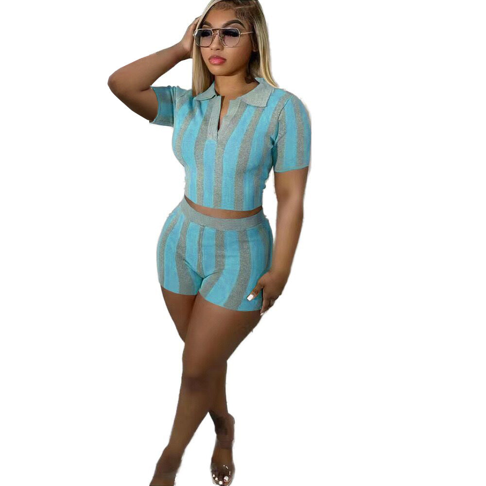Women's Stripe Printed Sexy Backless Sleeve Two-piece Shorts