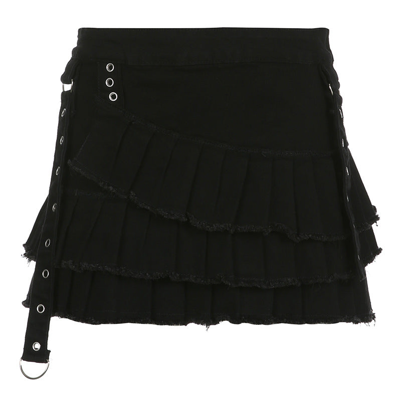 Layering Denim Pleated Side Button Zipper Bottoming Hot Skirts