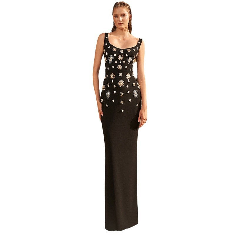 Fashion Bead Diamond Stretch Long Dress Dresses