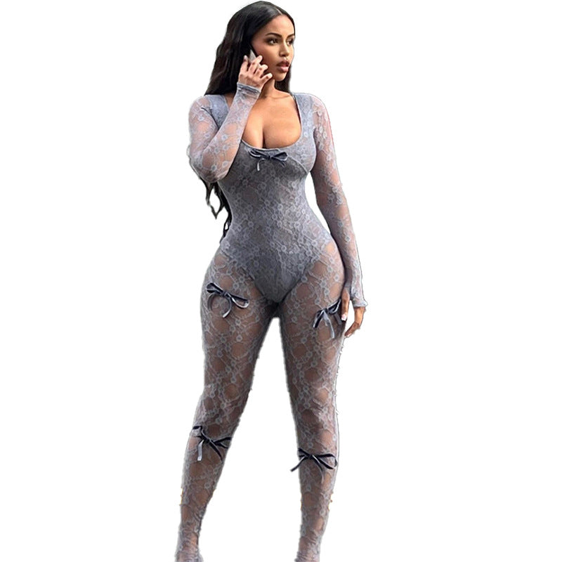 Women's High Waist Jacquard Tight Long Sleeve Jumpsuits