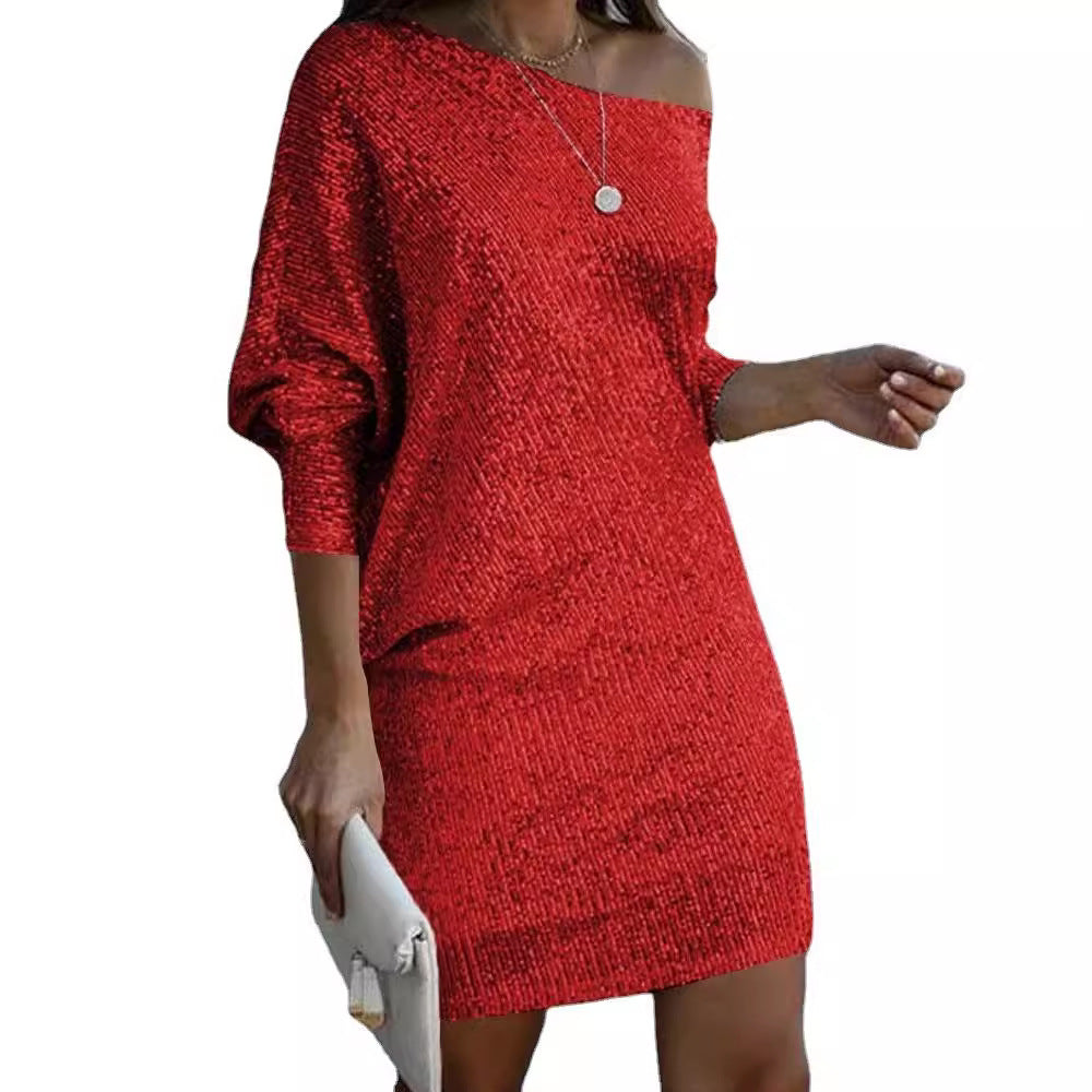 Women's Simple Fashion Mid-length Dress Oblique Shoulder Dresses