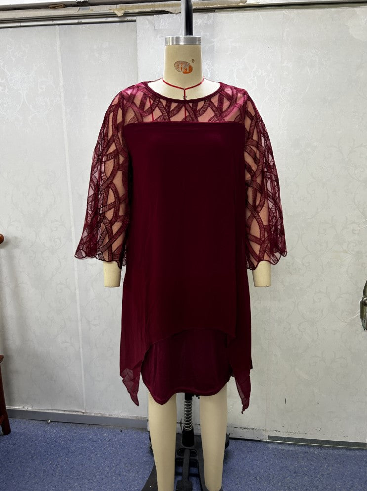 Lace Stitching Sleeve Irregular Hem Chiffon Dress
