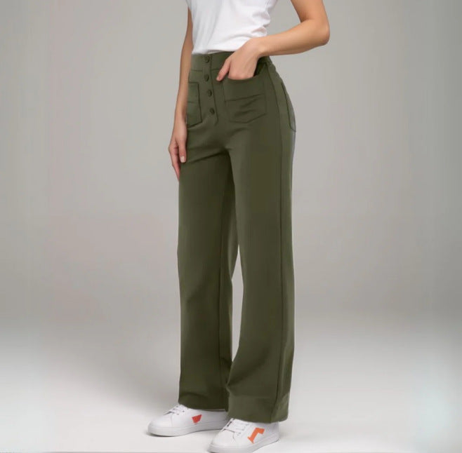 Fashion Casual Straight High Belt Buckle Elastic Pants