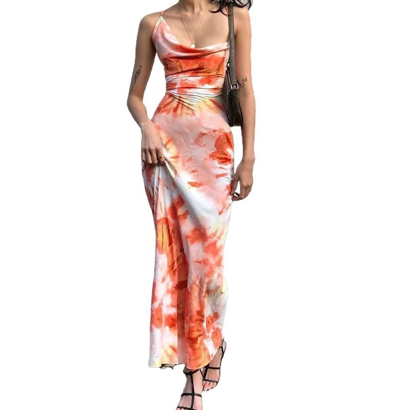 Women's Summer Print Backless Lace Up Long Dresses