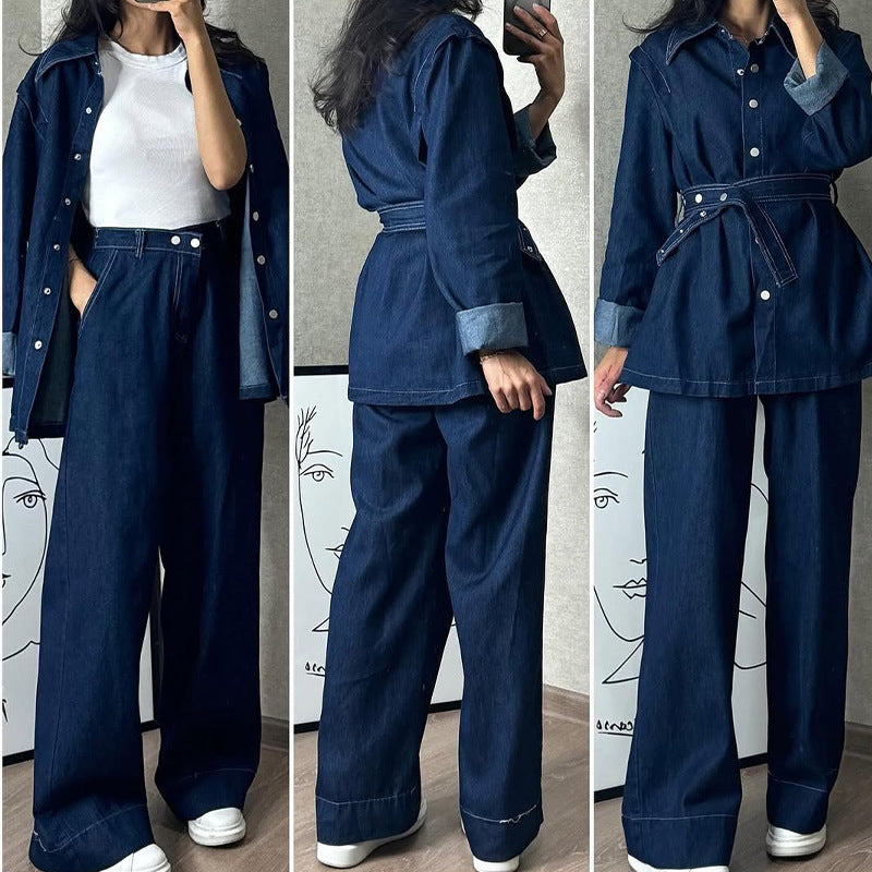 Women's Long Sleeve Denim Wide Leg Two-piece Suits