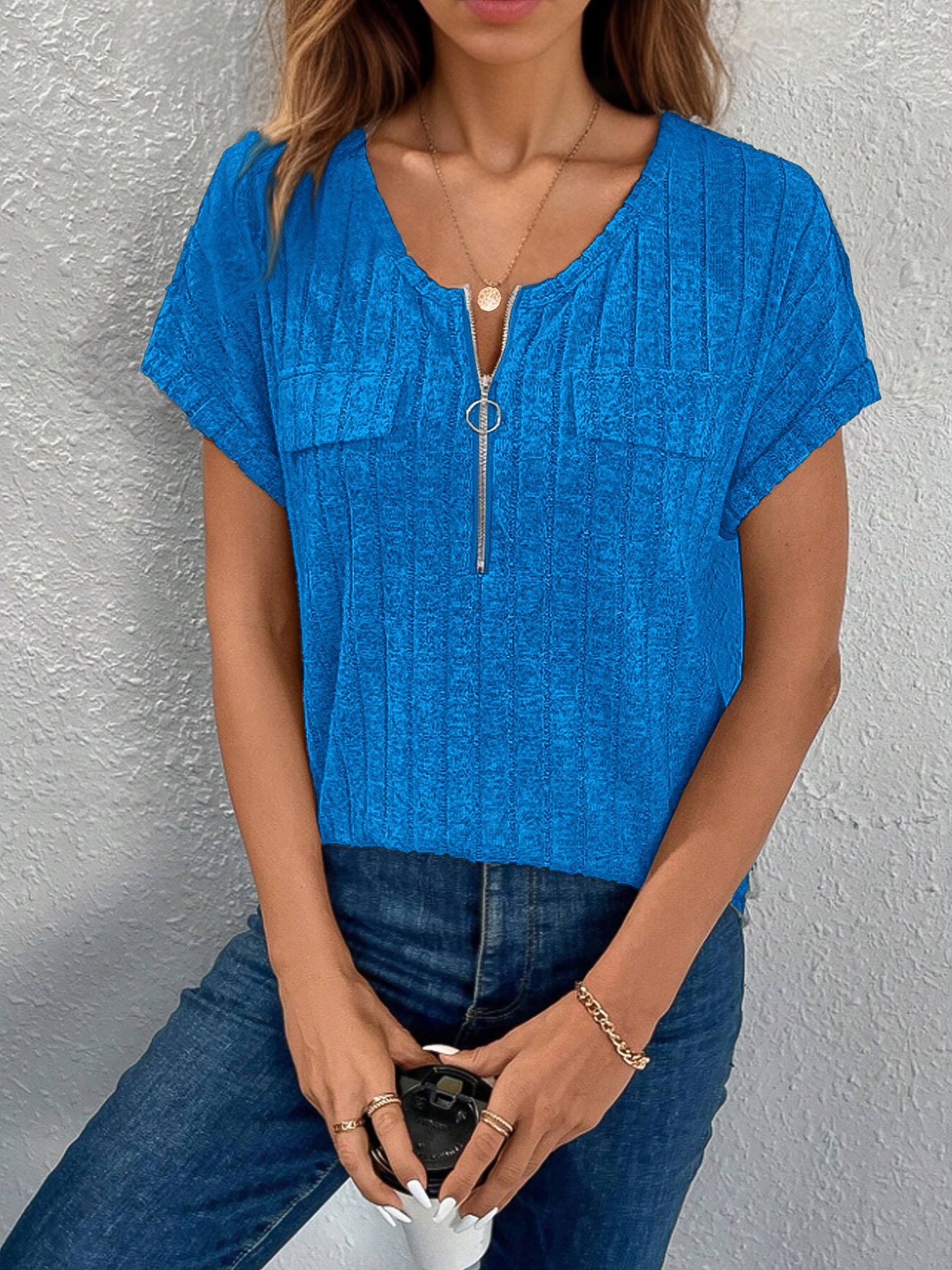 Solid Color Zipper Sleeve Faux Pocket Blouses