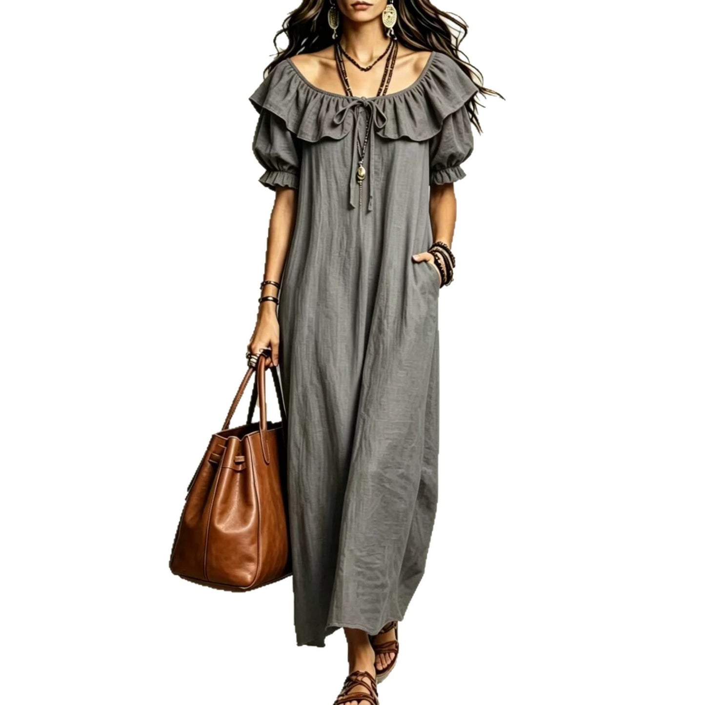 Loose Round Neck Ruffled Leisure Temperament Seaside Dress