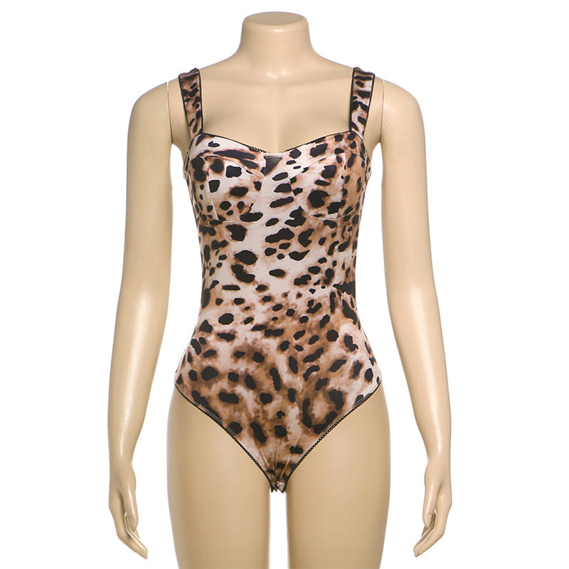 Women's Hot Contrast Color Animal Leopard Round Neck Jumpsuits