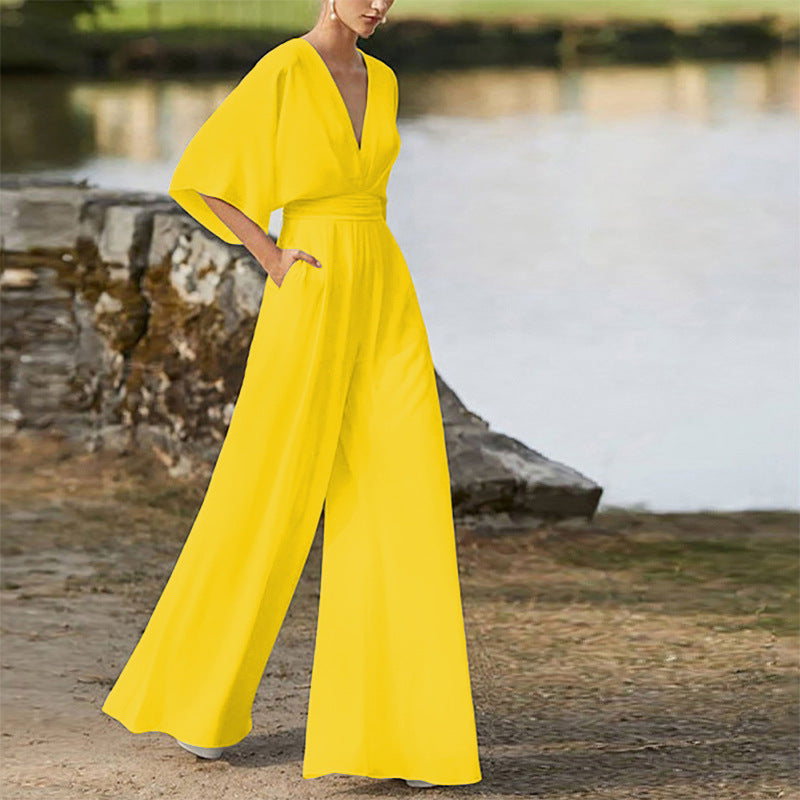 Women's Dress Deep V High Waist Wide Pants